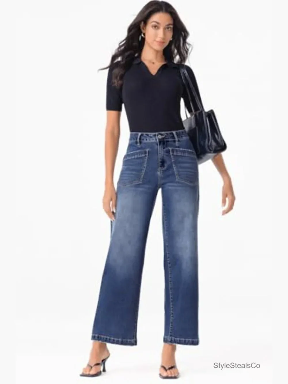 High Waisted Wide Leg Jeans Stretchy Straight Fit Ankle Length Denim Pants - Picture 4 of 7